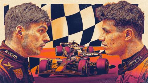 Graphic image depicting side views of Max Verstappen and Lando Norris looking towards each other, with a Red Bull and McLaren between them and chequered flag in the background