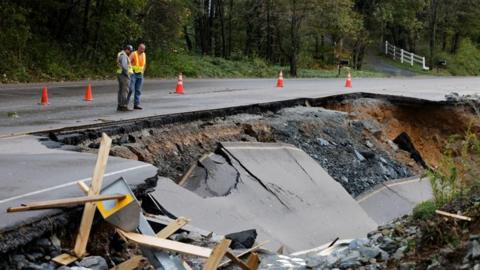 Road damaged by floods following Hurricane Helene