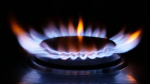 A close up of a gas ring lit up. You can see blue and orange flames bursting out of a dark metal hob ring.