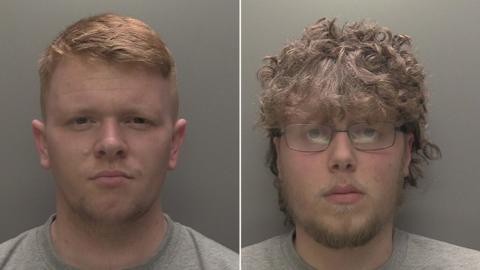 Custody photographs of Mark Moran with red short hair and Daniel Livingstone with curly brown hair and beard and glasses both wear grey t-shirts