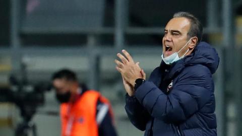 Chile's coach Martin Lasarte gestures during the friendly football match against Bolivia at the El Teniente stadium in Rancagua, Chile, on March 26, 2021.