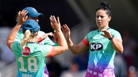 Marizanne Kapp (right) celebrates a wicket with Oval Invincibles