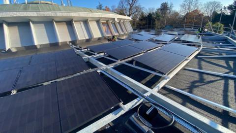 Solar panels on the roof of Bourne Hall