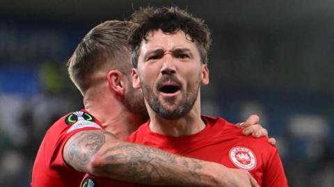 Tomas Cosgrove celebrates his goal against Gent 