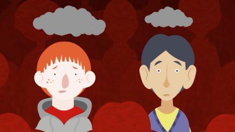 Illustration of two kids looking worried with dark clouds above their heads.