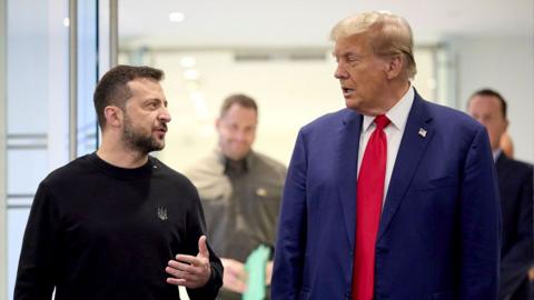 Ukrainian President Volodymyr Zelensky and Republican presidential candidate Donald J. Trump, shake hands during their meeting in the Trump Tower in New York, New York, USA, on 27 September 2024