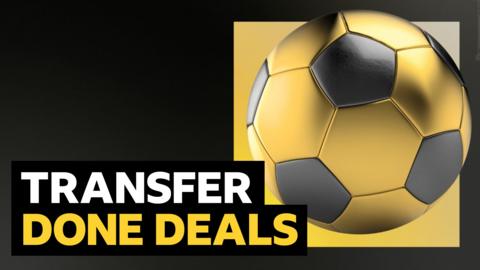 A graphic depicting a football with the text 'transfer done deals'