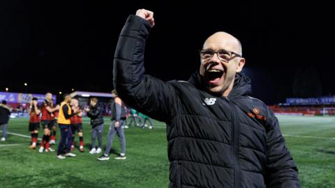 Tamworth boss Andy Peaks celebrates the Lambs' FA Cup first round win over Huddersfield Town