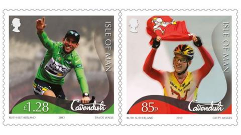 Two images of Mark Cavendish smiling in his cycling gear. In the first he is wearing green and has his right hand raised while riding his bike. The second has him wearing the Isle of Man's colours of red and yellow, holding a Manx flag above his head.