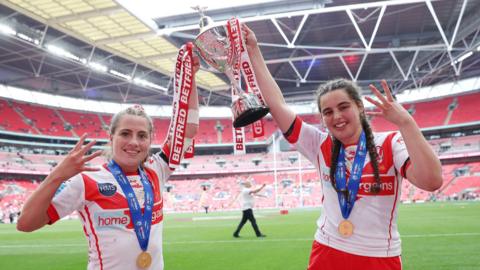 St Helens' Tara Jones and Beri Salihi celebrate winning the Women's Challenge Cup