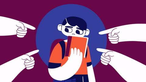 Illustration of a boy holding a book with four fingers pointing at him.