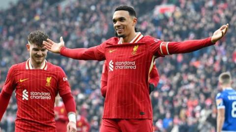 Trent Alexander-Arnold celebrates after scoring for Liverpool against Accrington Stanley in the FA Cup