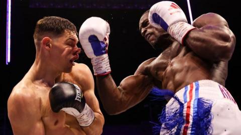 Chris Billam-Smith's nose crumbles as he is clipped by an uppercut from Richard Riakporhe