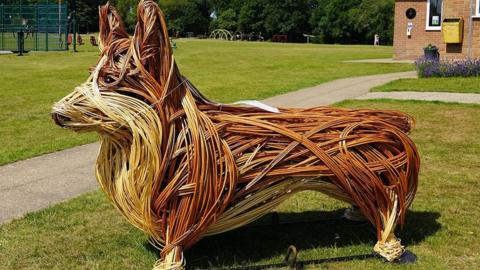 Wicker corgi sculpture