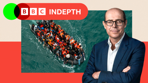 Composite featuring an aerial photo of a black rubber dinghy in the sea packed with around 50 people wearing lifejackets, in many cases with their legs hanging over the side of the boat. The BBC presenter Nick Robinson is pictured separately to the right of the composite.