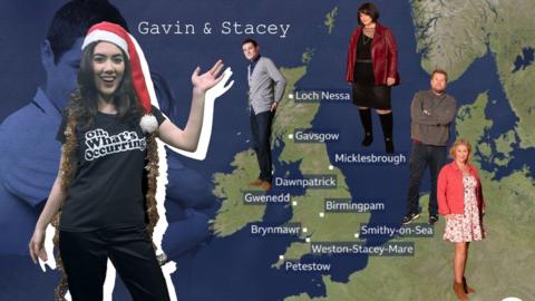 Sabrina Lee standing in front of a map of the UK with place names: Weston-Stacey-Mare, Smithy-on-Sea, Gwenedd, Brynmawr, Petestow, Dawnpatrick, Birmingpam, Micklesbrough, Gavsgow, Loch Nessa. Photos of Gavin, Nessa, Smithy and Stacey