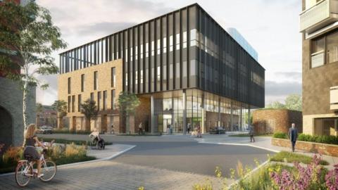 Artist's impression of the new eye hospital in Sunderland. The building has a few floors and features a glass entrance way. A number of people are entering and leaving the building and a woman is riding a bike in the foreground.