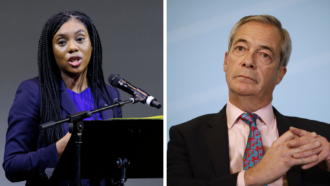 Composite image of Tory leader Kemi Badenoch (left) at a microphone and Reform UK leader Nigel Farage seated