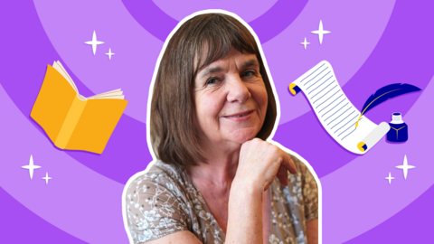 Image of Julia Donaldson imposed on a purple background.