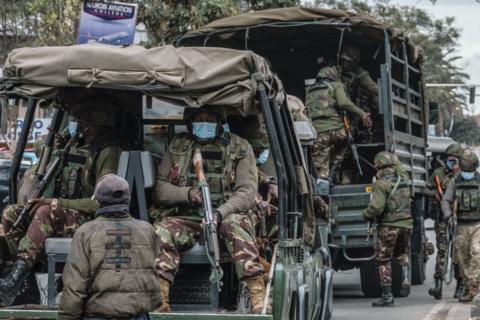 Kenyan security forces are seen ahead of a planned demonstration called after a nationwide deadly protest against a controversial now-withdrawn tax bill left over 20 dead in downtown Nairobi, on June 27, 2024. 