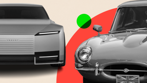 Montage image showing a Jaguar Type 00 concept car alongside a vintage Jaguar E-Type