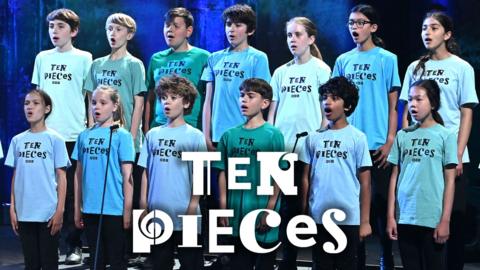 Children's choir singing with Ten Pieces logo across the front