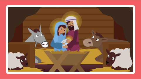 An illustration of Mary, Joseph and Jesus in the stable.