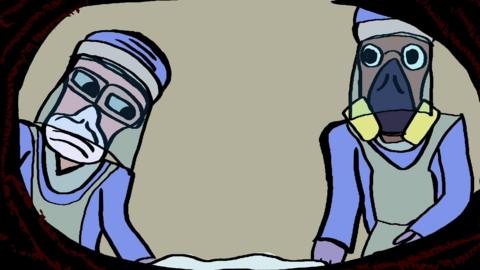 Illustration of healthcare workers wearing PPE and face masks