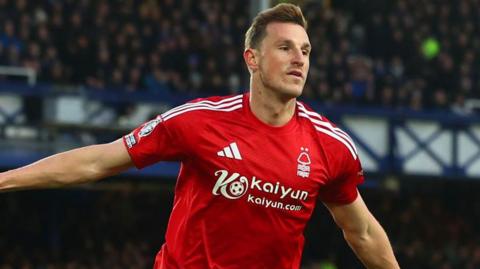 Chris Wood celebrates scoring in the 2-0 win at Everton