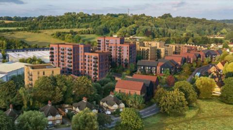 A computer-generated image showing what the completed development would have looked like, comprising both low and high-rise flats with balconies. London Road is in the foreground and tree-covered hills are in the background