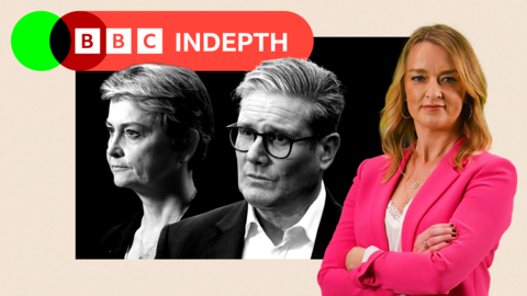 Composite of Yvette Cooper, Sir Keir Starmer and Laura Kuenssberg with the BBC in depth logo 