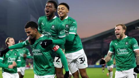 Plymouth celebrating their goal against Brentford