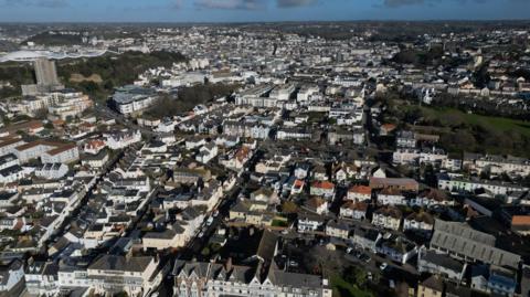 South St Helier, Jersey. A view of a housing district of the island with sprawling houses and flats. 