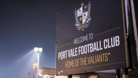 The Welcome to Port Vale sign outside a floodlit Vale Park ahead of Tuesday's meeting with Wrexham