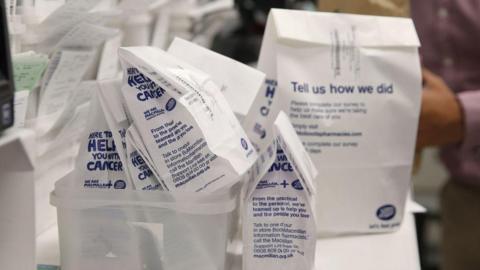 Bags of prescription medication prepared at pharmacy