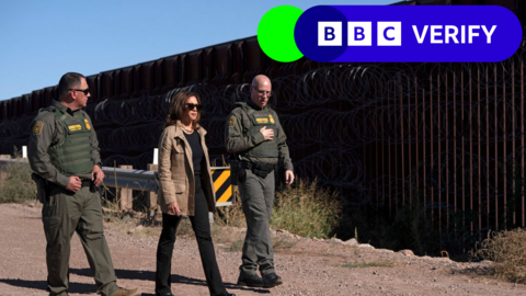 Kamala Harris visits the US-Mexico border with US Border Patrol agents in Arizona on September 27, 2024.