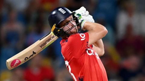 England captain Jos Buttler bats during the second T20 against West Indies in Barbados