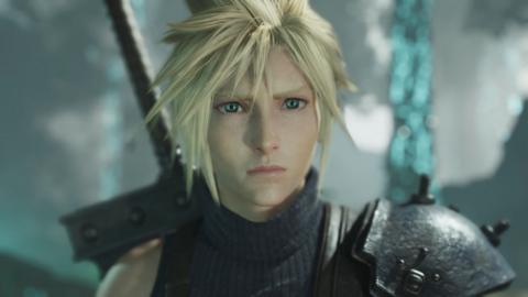 A computer-generated image shows a blond male character with asymmetrical spiky hair looking forlorn as he stares into the distance. The hilt of an oversized sword strapped to his back is visible.