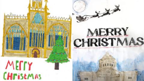 The two winning cards: On the left is Oscar's card with a drawing of Hull Minster with a Christmas tree with lights and a star on top and the words Merry Christmas in green and red lettering.
On the right is Lilah's card showing Hull City Hall in the foreground and a silhouette of Santa's sleigh pulled by reindeer flying in front of a full moon and Merry Christmas in black in the middle.