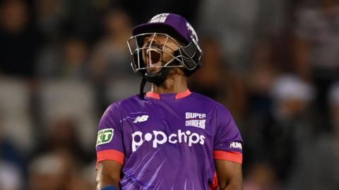 Northern Superchargers batter Nicholas Pooran celebrates victory against Manchester Originals