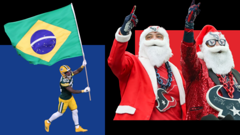 Graphic showing a Green Bay Packers player holding a Brazil flag and two Houston Texans fans in Santa outfits