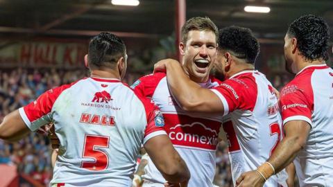 Hull KR celebrate Tom Opacic's try against Salford Red Devils