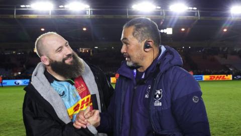 Pat Lam and Joe Marler shaking hands after the match