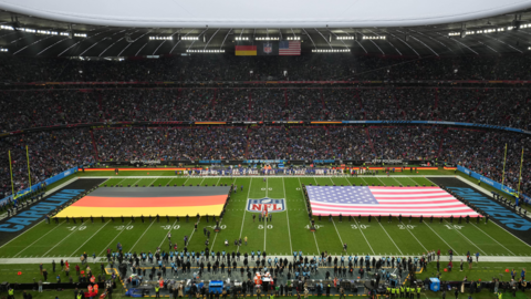 A general overall view of United States and Germany flags on the field before the 2024 NFL game in Munich