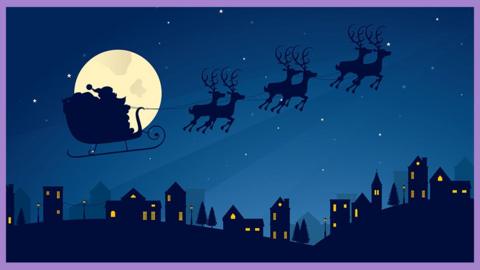 Illustration of Santa Claus and sleigh being pulled across a star-filled sky by reindeer - flying over houses with lights shining through the windows.