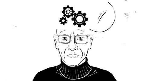 Illustration of a man with the top of his head flipped open with machine cogs inside