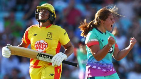 Nadine de Klerk celebrates the wicket of Naomi Dattani