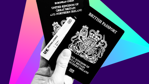 A man holds UK passports and UK drivers licence