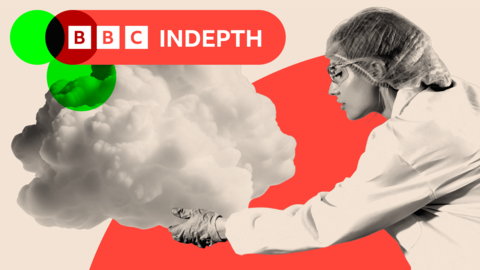 A woman in a lab coat moves a cloud