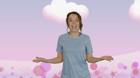 Presenter Evie Pickerill standing with her hands outstretched. Backdrop of purple shapes and white clouds.